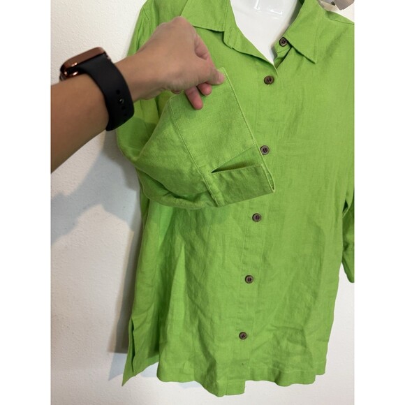 Chico's Top 2 Large No Iron 100% Linen Shirt Green Button Up 3/4 Sleeve New - Picture 6 of 7